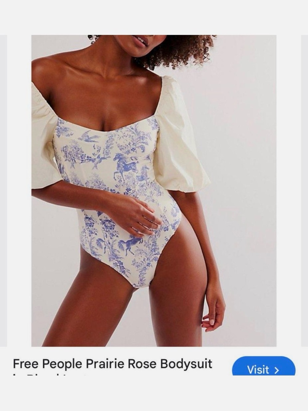 Free People Prairie Rose Puff-Sleeve Bodysuit in Cream & Blue
